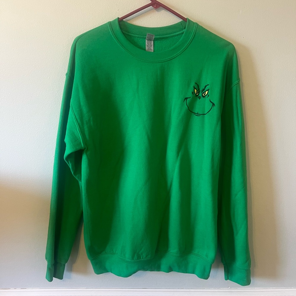 Vibrant Green Crew Neck Sweater with Grinch Face